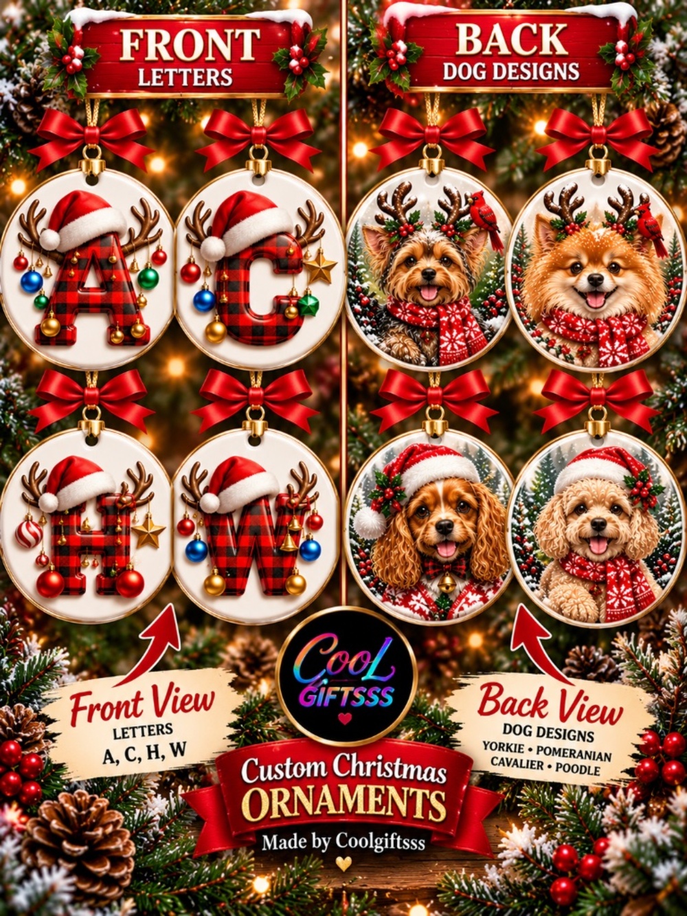 Personalized Christmas Ornaments – Custom Initial & Dog Design with photo